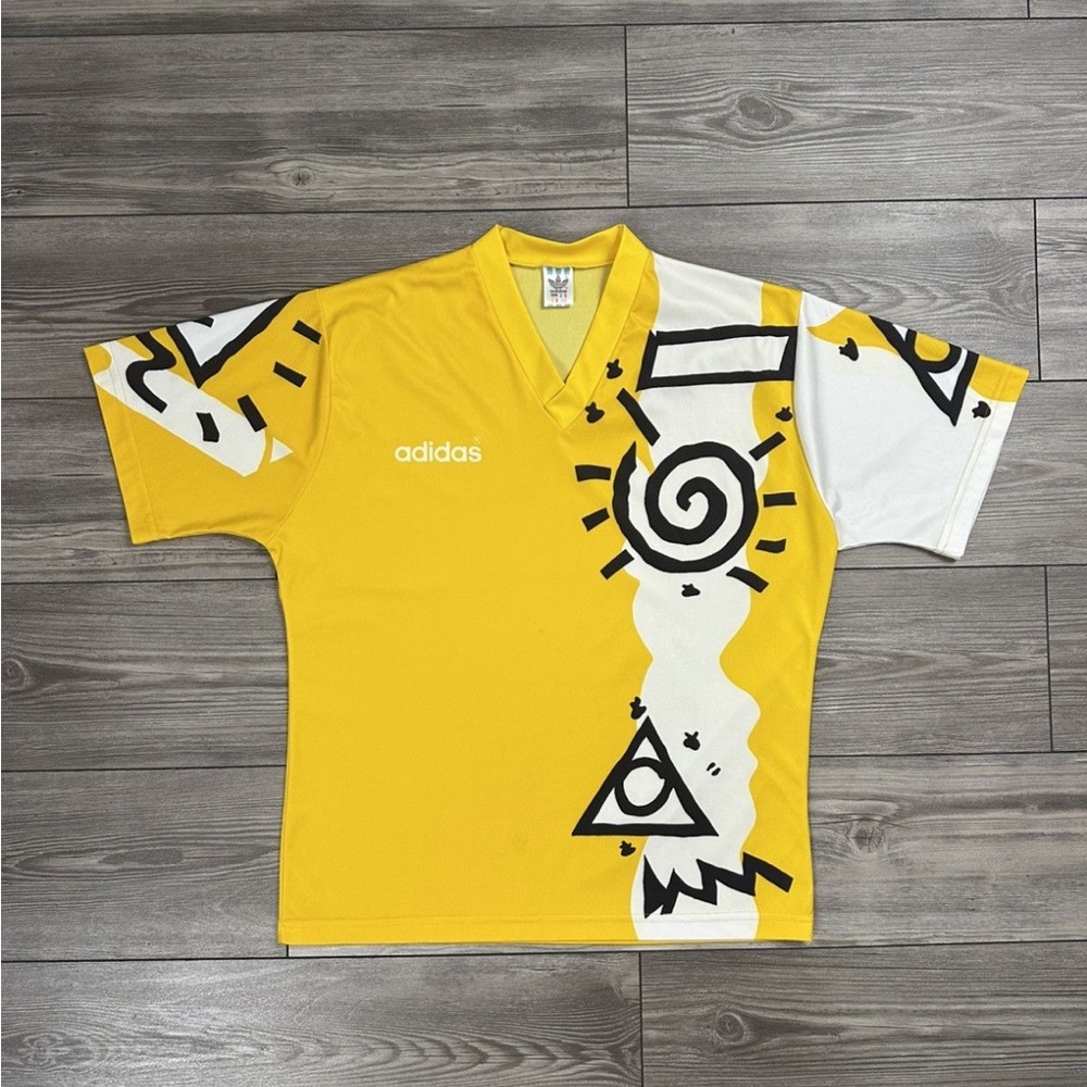 Vintage adidas Yellow and White Graphic Abstract Soccer Jersey